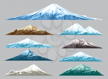 Mountain landscape set isolated on white background. Snow mountains range silhouettes for logo and design