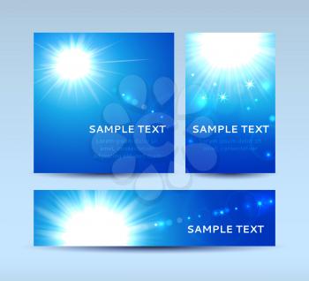 Vector illustration of invitation cards in blue colors with sun and lens flare