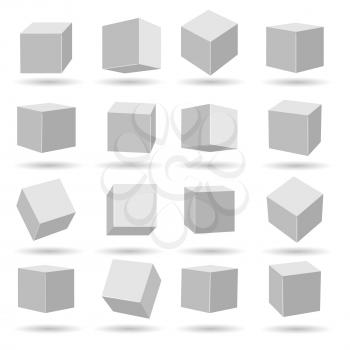 White cubes. Geometry modeling cube set isolated on white background, miscellaneous angles dimensional and perspective vector blocks models