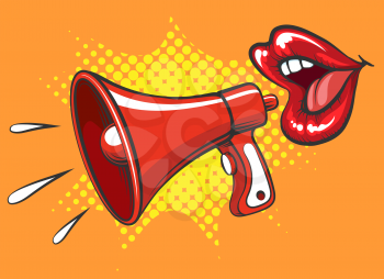 Announcement concept with megaphone and women mouth in pop art style retro vector illustration