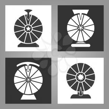 Spinning wheel icons. Lottery money game symbols, monochrome wheels of fortune signs set, vector illustration