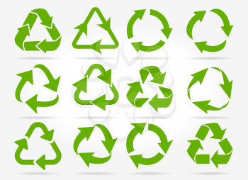Recycled arrows. Green reusable arrow icons, eco recycle or recycling vector signs isolated on white background