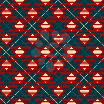 Geometric check scottish skirts print. Diagonal modern tablecloth, autumn duvet or rug blue and red tartan pattern, scotland wool fabric designing texture, vector illustration