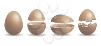 Chocolate chicken gift. Milk white and brown chocolate egg, broken and open surprise food isolated vector illustration