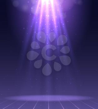 Nightclubs purple spotlight. Blue lighting background with spotlights space effect vector image, disco scene shining beaming down lights