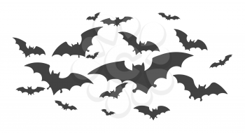 Horrific bat flock. Flying bats vector halloween illustratiuon, night shock vampire horror creepy horrific halloweens cave flying foxes isolated on white background