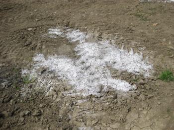 Scattered on the ground chemicals. Soil contamination with toxic substances.