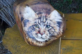 Cat, painted on a rock. Figure cat muzzle on a large stone.