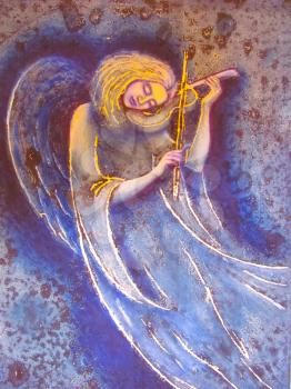 The girl an angel plays a soul melody on a violin. The image of an angel on is violet a blue background.