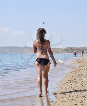 Girl walking on the beach, rear view. Walk the dark-haired woman in a swimsuit along the coastline on the sea beach.