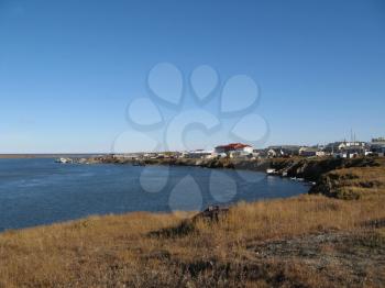 Coastal landscape of the tundra settlement. The settlement on Yamal.