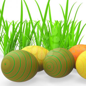 Easter Eggs Indicating Green Grass And Pasture