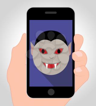 Halloween Vampire Online Indicating Mobile Phone And Web