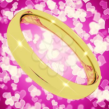 Gold Ring On Pink Heart Bokeh Background Represents Love Valentine And Marriage