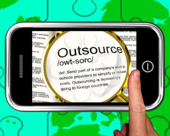 Outsource Definition On Smartphone Showing Freelance Jobs Or Subcontracts