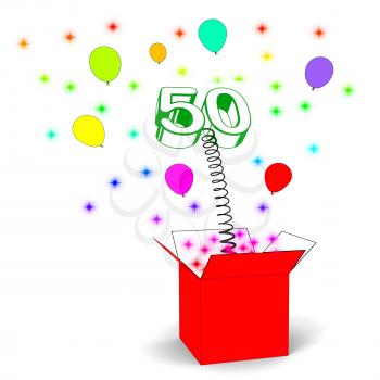 Number Fifty Surprise Box Showing Fiftieth Birthday Or Birth Anniversary