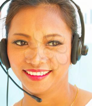 Smiling Helpdesk Operator Showing Call Center Assistance
