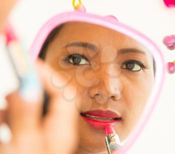 Lipstick In Mirror Application Showing Beauty And Makeup