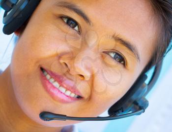 Smiling Helpdesk Operator Girl Showing Call Center Assistance
