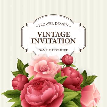 Vintage  Greeting Card with Blooming peony and rose Flowers.  Vector Illustration EPS10