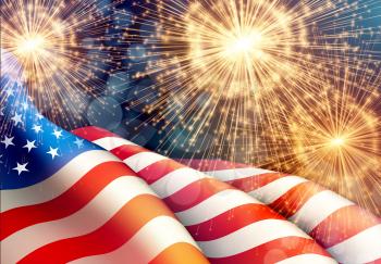 Fireworks background for 4th of July Independense Day with american flag. Vector illustration EPS10