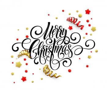 Merry Christmas handwriting script lettering. Christmas congratulatory background with streamers, confetti. Vector illustration EPS10