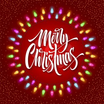 Merry Christmas lettering in gerland circle frame. Xmas calligraphy with glowing lights and snow. Christmas greeting on red background. Postcard, poster, banner design. Isolated vector