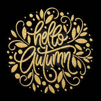 Autumn - Hand drawn vector typography with line leaf pattern in golden glitter color. Vector illustration EPS10