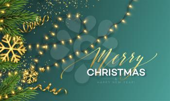 Christmas banner. Realistic Sparkling garland lights with gold snowflakes and golden tinsel on a background with Christmas tree sprigs. Vector illustration EPS10