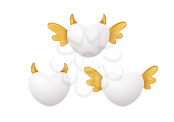 Set of white heart shape with golden wings and horns. Concept symbol for Happy Valentines Day. Vector illustration EPS10