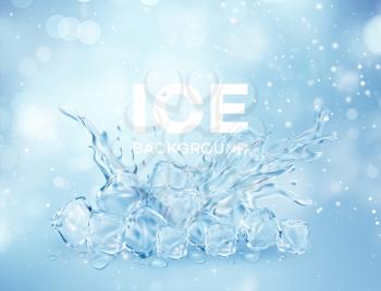Group of ice transparent clear cubes in water crown splash isolated on light blue transparent background. Vector illustration EPS10