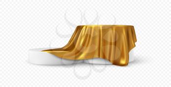 Realistic 3d round white product podium display covered golden fabric drapery folds isolated on white background. Vector illustration EPS10