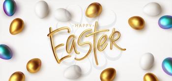 Easter greeting background with realistic golden, blue, white Easter eggs. Vector illustration EPS10