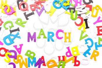 Word March of colored letters on a white background