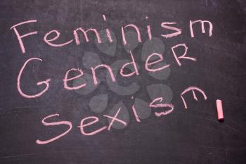 The word gender, feminism, sexism is written chalk on the blackboard.The concept of equality