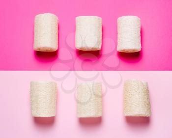 Loofah on a pink background. Organic natural sponge. Zero waste, environmental protection