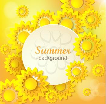 Abstract yellow Floral Greeting card - background with paper cut Frame sunflowers. Trendy Design Template. Vector illustration. Floral trendy backdrop with orange, yellow summer flowers.