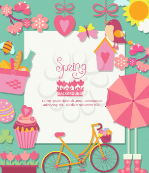 Spring background with cuteicons and frame for text design, vector illustration.
