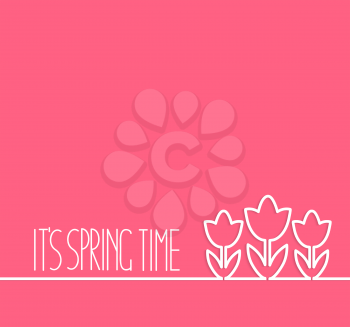 Spring concept - line flowers with place for text on pink background, vector illustration.