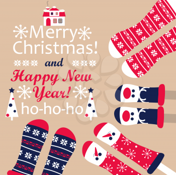 Family feet in Christmas socks. Winter holiday concept. Happy new year Greeting Card.