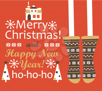 Merry Christmas and Happy new year Greeting Card. Christmas stocking. Vector illustration.