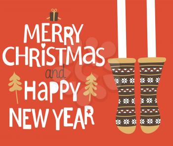 Merry Christmas and Happy new year Greeting Card. Christmas stocking. Vector illustration.