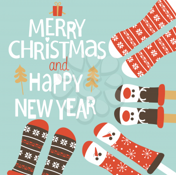 Family feet in Christmas socks. Winter holiday concept. Happy new year Greeting Card. Vector illustration.