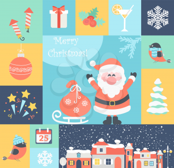 Christmas flat icons set with Santa and Gifts. Vector illustration.