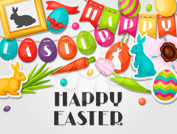 Happy Easter greeting card with decorative objects, eggs, bunnies stickers. Concept can be used for holiday invitations and posters.