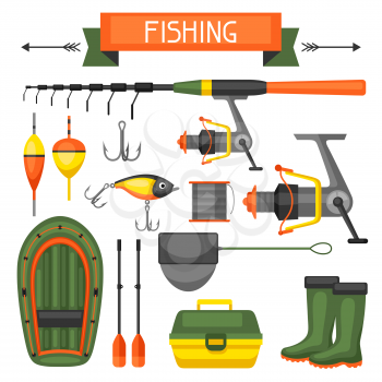 Set of fishing supplies.Objects for decoration, design on advertising booklets, banners, flayers.