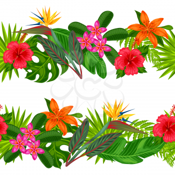 Seamless horizontal borders with tropical plants, leaves and flowers. Background made without clipping mask. Easy to use for backdrop, textile, wrapping paper.