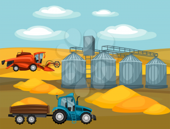 Harvesting grain. Combine harvester, tractor and granary. Agricultural illustration farm rural landscape.
