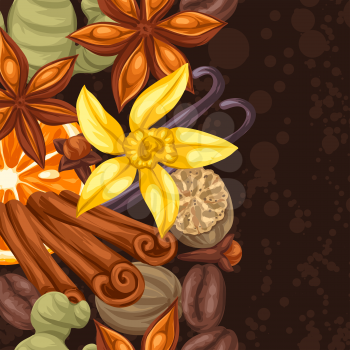 Seamless border with various spices. Illustration of anise, cloves, vanilla, ginger and cinnamon.