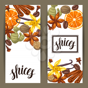 Banners design with various spices. Illustration of anise, cloves, vanilla, ginger and cinnamon.